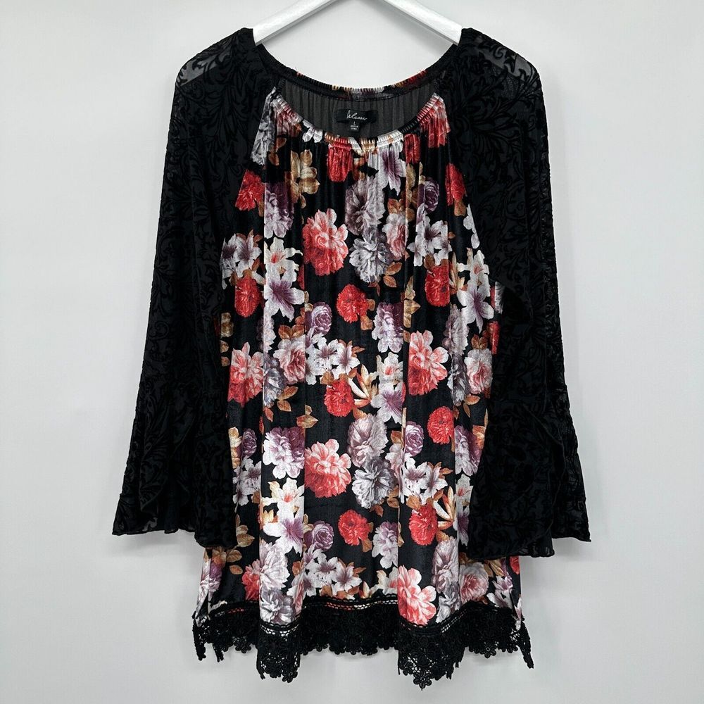 Calessa Tunic Top Shirt Blouse Size Large‎ Velvet Stretch Crochet Lace Floral
